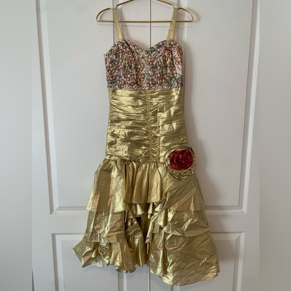 Vintage One Of A Kind Gold Gown With Flower Hand Beading Detailing Rose Dress!! - Picture 16 of 16